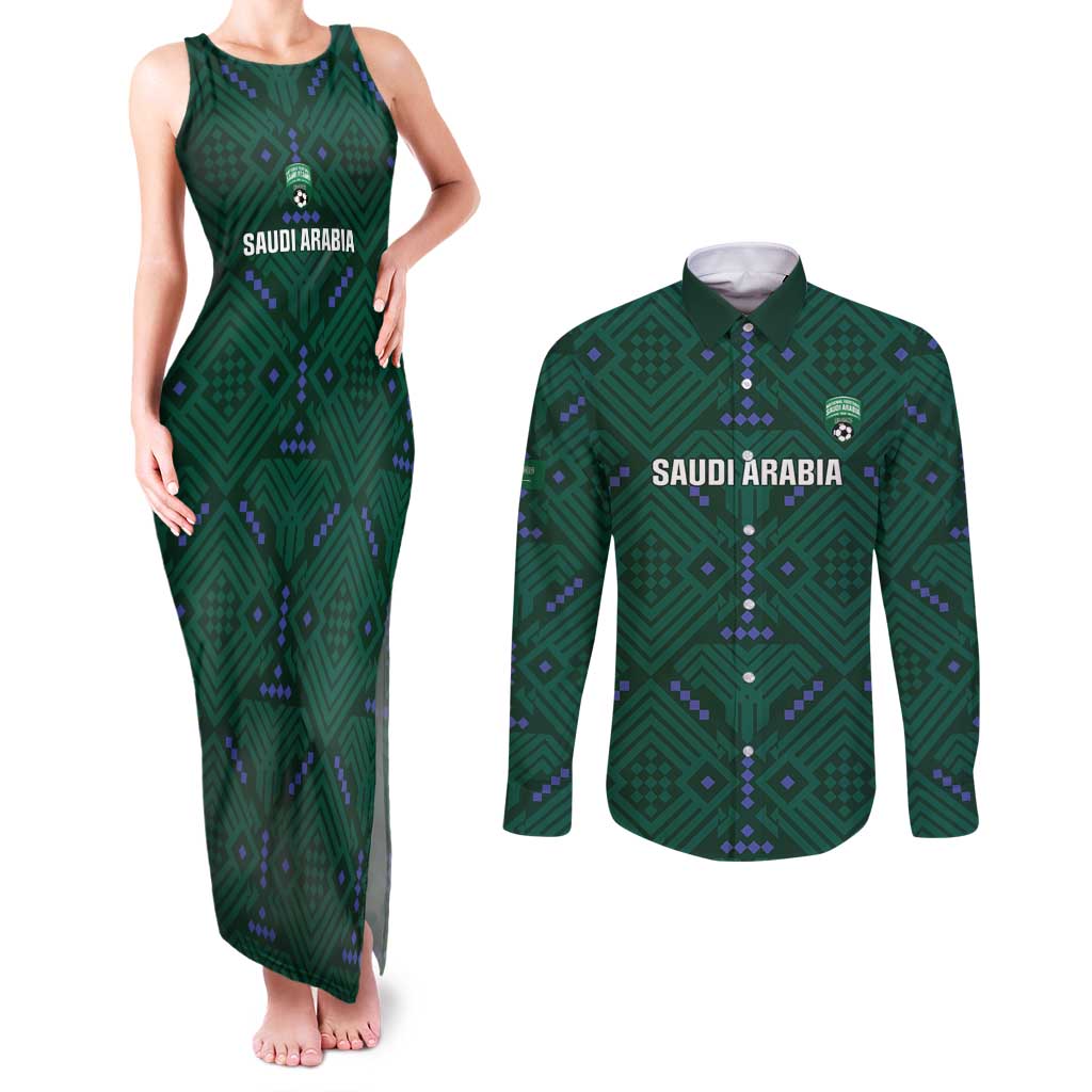 Custom Saudi Arabia Football Couples Matching Tank Maxi Dress and Long Sleeve Button Shirt 2026 Arabian Falcons Sporty Version - Wonder Print Shop