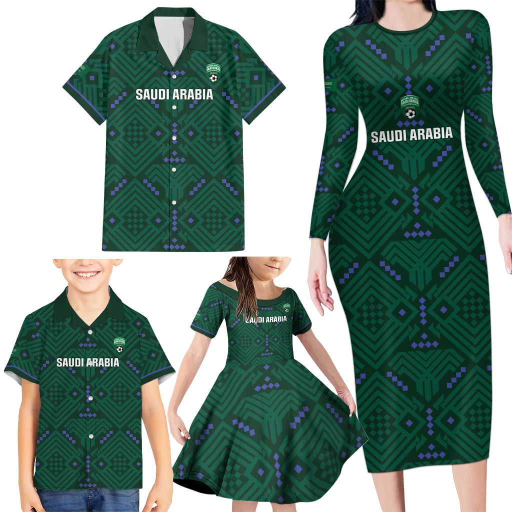 Custom Saudi Arabia Football Family Matching Long Sleeve Bodycon Dress and Hawaiian Shirt 2026 Arabian Falcons Sporty Version - Wonder Print Shop