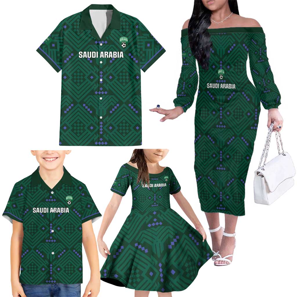 Custom Saudi Arabia Football Family Matching Off The Shoulder Long Sleeve Dress and Hawaiian Shirt 2026 Arabian Falcons Sporty Version - Wonder Print Shop