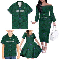 Custom Saudi Arabia Football Family Matching Off The Shoulder Long Sleeve Dress and Hawaiian Shirt 2026 Arabian Falcons Sporty Version - Wonder Print Shop