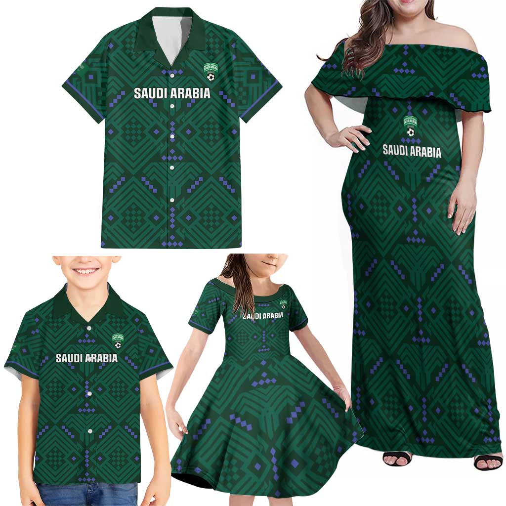 Custom Saudi Arabia Football Family Matching Off Shoulder Maxi Dress and Hawaiian Shirt 2026 Arabian Falcons Sporty Version - Wonder Print Shop