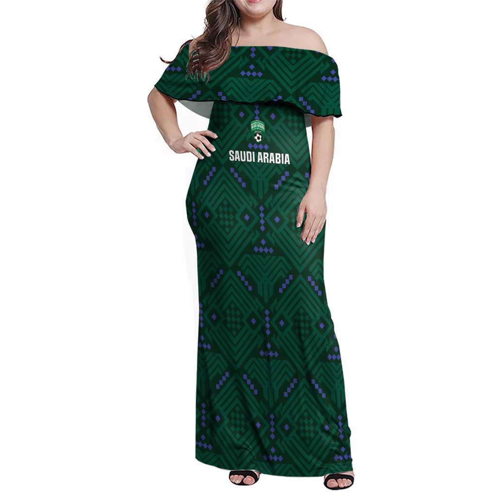 Custom Saudi Arabia Football Family Matching Off Shoulder Maxi Dress and Hawaiian Shirt 2026 Arabian Falcons Sporty Version - Wonder Print Shop
