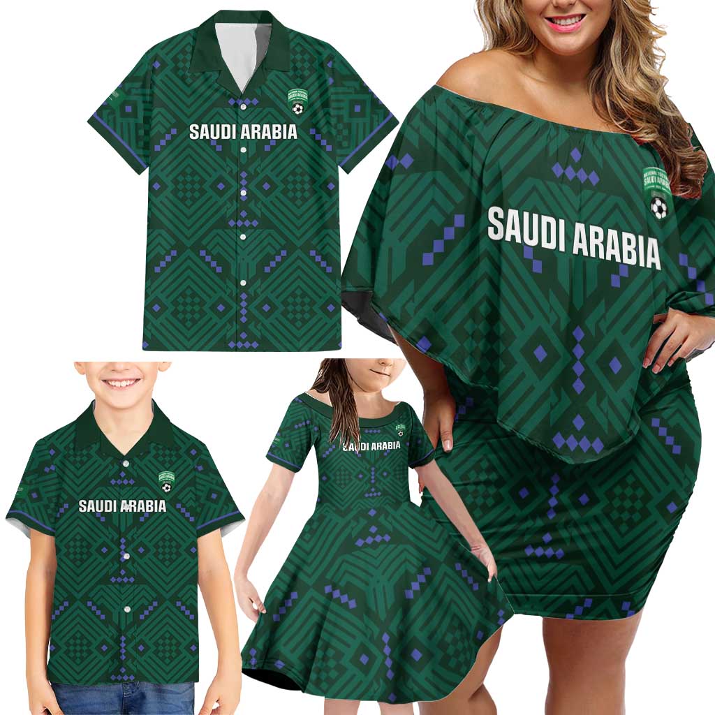 Custom Saudi Arabia Football Family Matching Off Shoulder Short Dress and Hawaiian Shirt 2026 Arabian Falcons Sporty Version - Wonder Print Shop