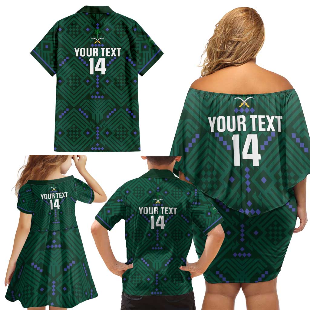 Custom Saudi Arabia Football Family Matching Off Shoulder Short Dress and Hawaiian Shirt 2026 Arabian Falcons Sporty Version - Wonder Print Shop