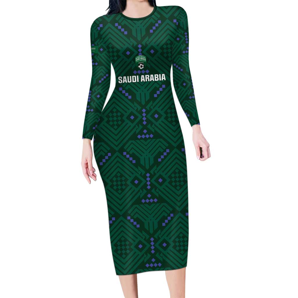 Custom Saudi Arabia Football Long Sleeve Bodycon Dress 2026 Arabian Falcons Sporty Version - Wonder Print Shop