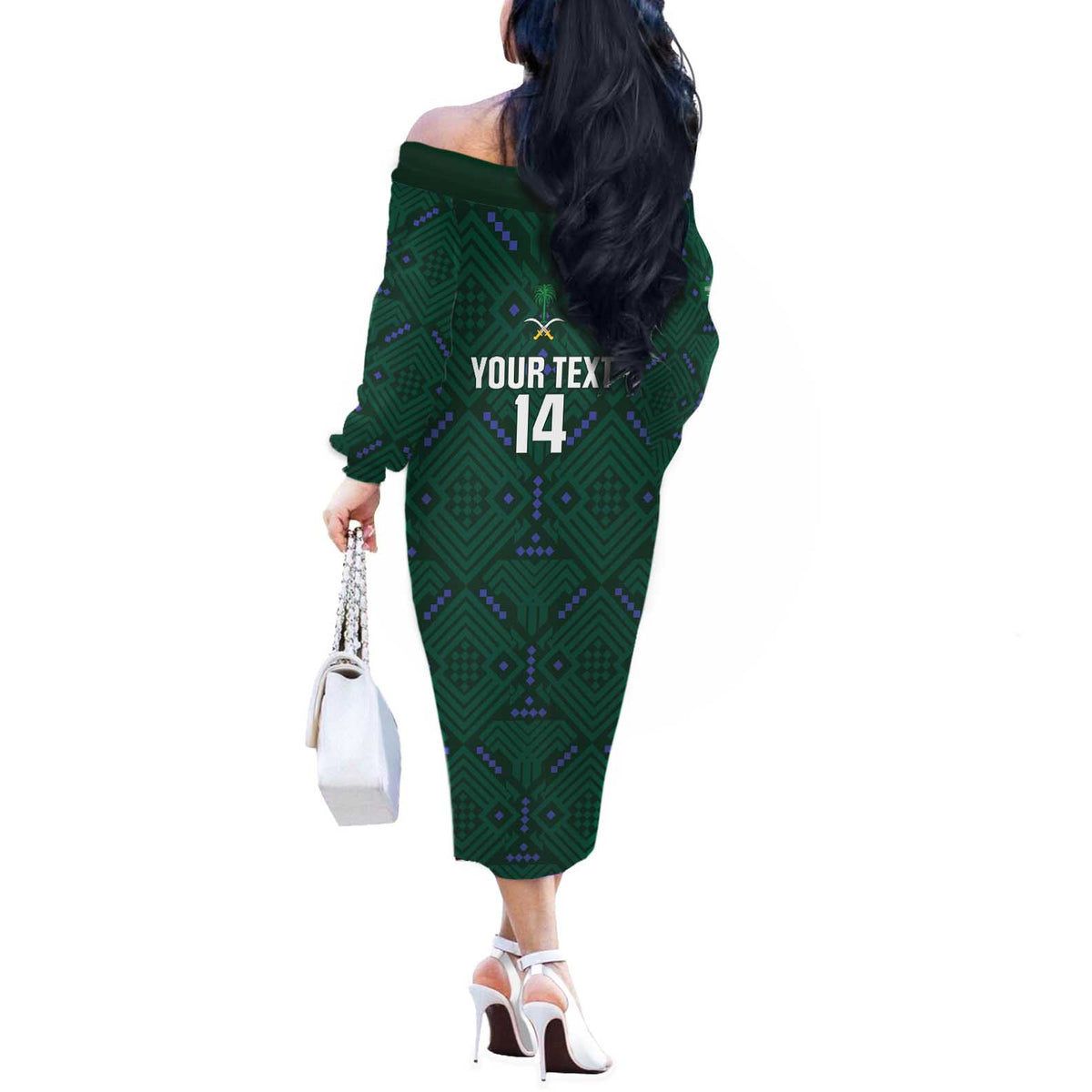 Custom Saudi Arabia Football Off The Shoulder Long Sleeve Dress 2026 Arabian Falcons Sporty Version - Wonder Print Shop
