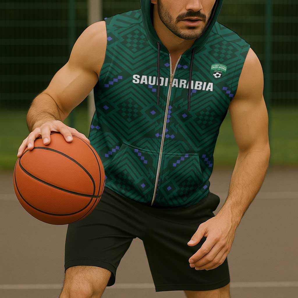 Custom Saudi Arabia Football Sleeveless Zip Hoodie 2026 Arabian Falcons Sporty Version - Wonder Print Shop
