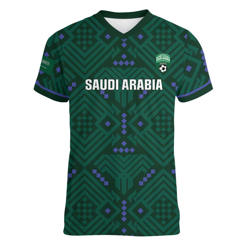 Custom Saudi Arabia Football Women V-Neck T-Shirt 2026 Arabian Falcons Sporty Version - Wonder Print Shop