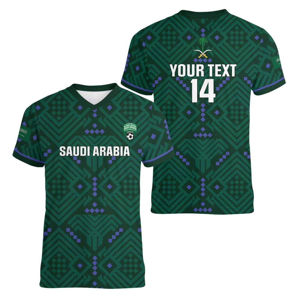 Custom Saudi Arabia Football Women V-Neck T-Shirt 2026 Arabian Falcons Sporty Version - Wonder Print Shop