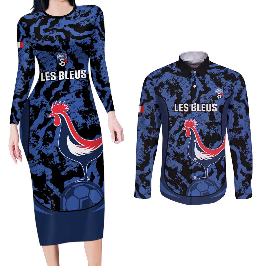 Custom France Football Couples Matching Long Sleeve Bodycon Dress and Long Sleeve Button Shirt 2026 Allez Les Bleus Rooster Grunge - Wonder Print Shop