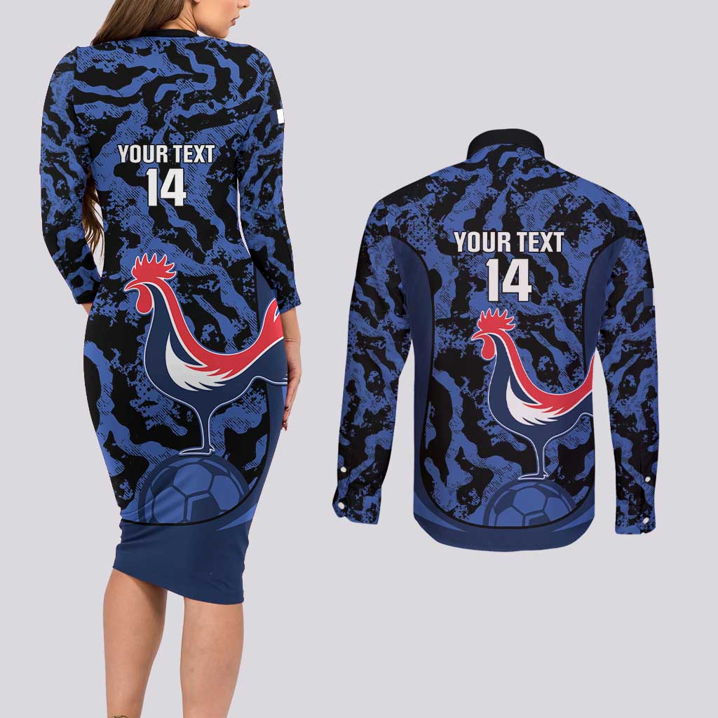 Custom France Football Couples Matching Long Sleeve Bodycon Dress and Long Sleeve Button Shirt 2026 Allez Les Bleus Rooster Grunge - Wonder Print Shop