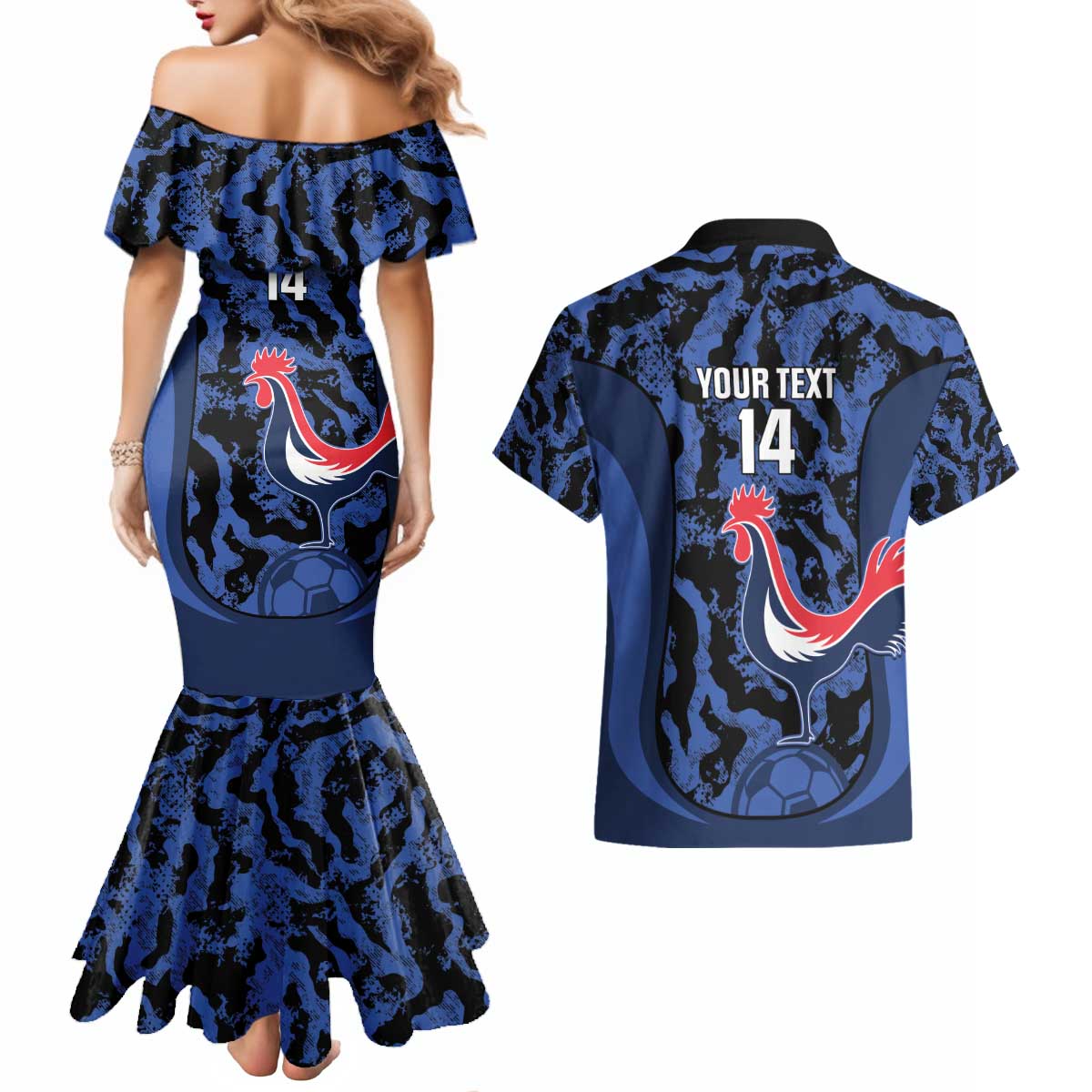 Custom France Football Couples Matching Mermaid Dress and Hawaiian Shirt 2026 Allez Les Bleus Rooster Grunge - Wonder Print Shop