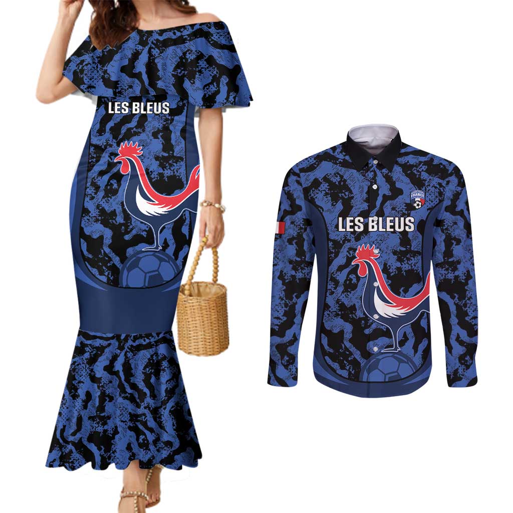 Custom France Football Couples Matching Mermaid Dress and Long Sleeve Button Shirt 2026 Allez Les Bleus Rooster Grunge - Wonder Print Shop