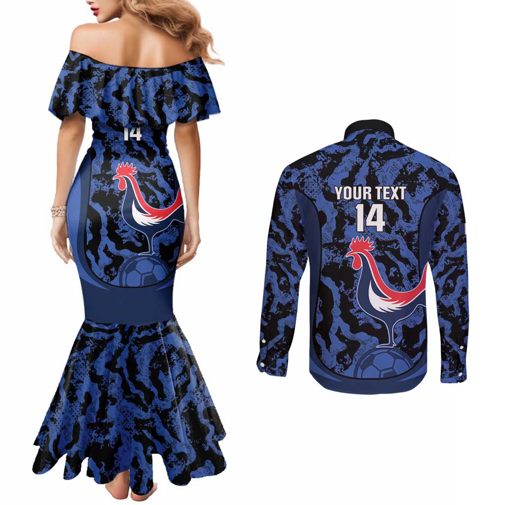 Custom France Football Couples Matching Mermaid Dress and Long Sleeve Button Shirt 2026 Allez Les Bleus Rooster Grunge - Wonder Print Shop