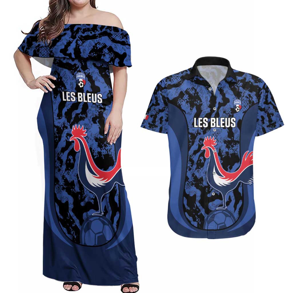 Custom France Football Couples Matching Off Shoulder Maxi Dress and Hawaiian Shirt 2026 Allez Les Bleus Rooster Grunge - Wonder Print Shop