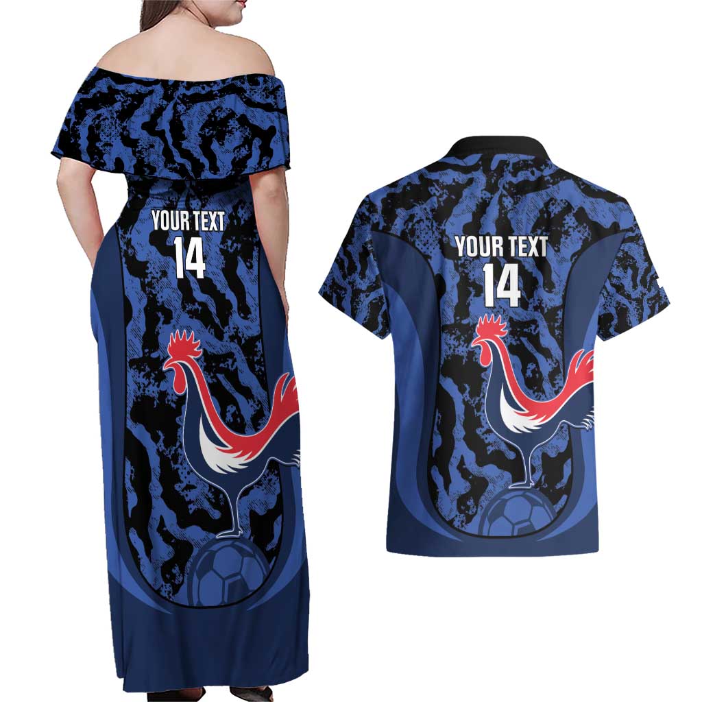Custom France Football Couples Matching Off Shoulder Maxi Dress and Hawaiian Shirt 2026 Allez Les Bleus Rooster Grunge - Wonder Print Shop