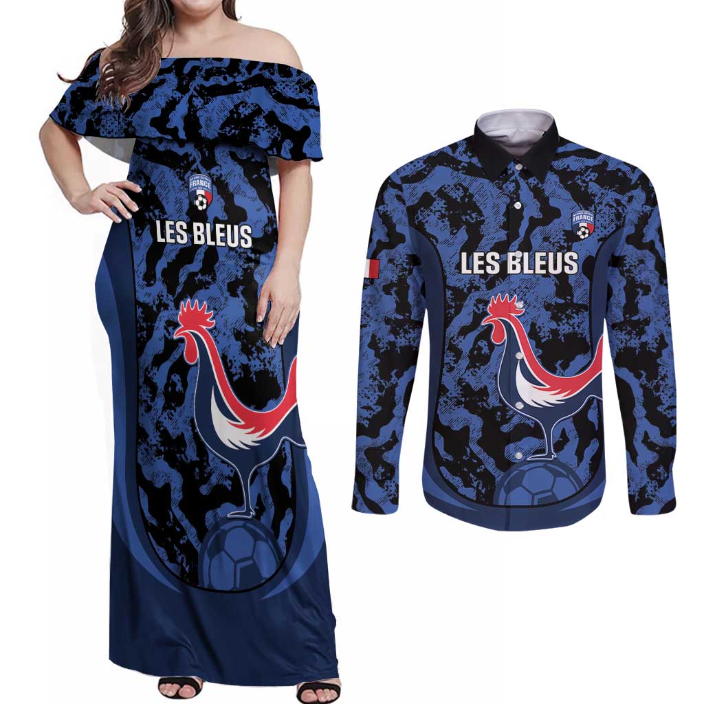 Custom France Football Couples Matching Off Shoulder Maxi Dress and Long Sleeve Button Shirt 2026 Allez Les Bleus Rooster Grunge - Wonder Print Shop
