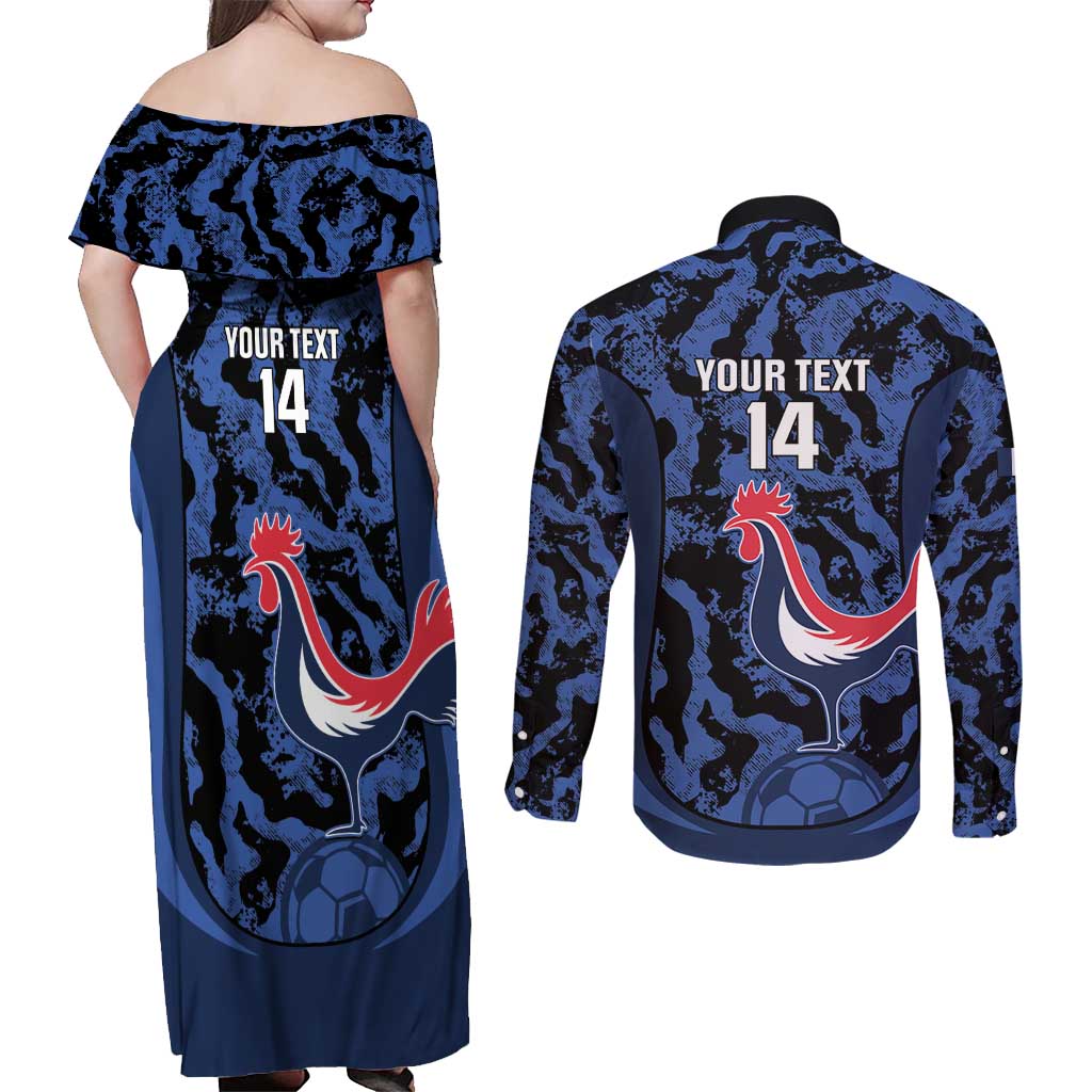 Custom France Football Couples Matching Off Shoulder Maxi Dress and Long Sleeve Button Shirt 2026 Allez Les Bleus Rooster Grunge - Wonder Print Shop