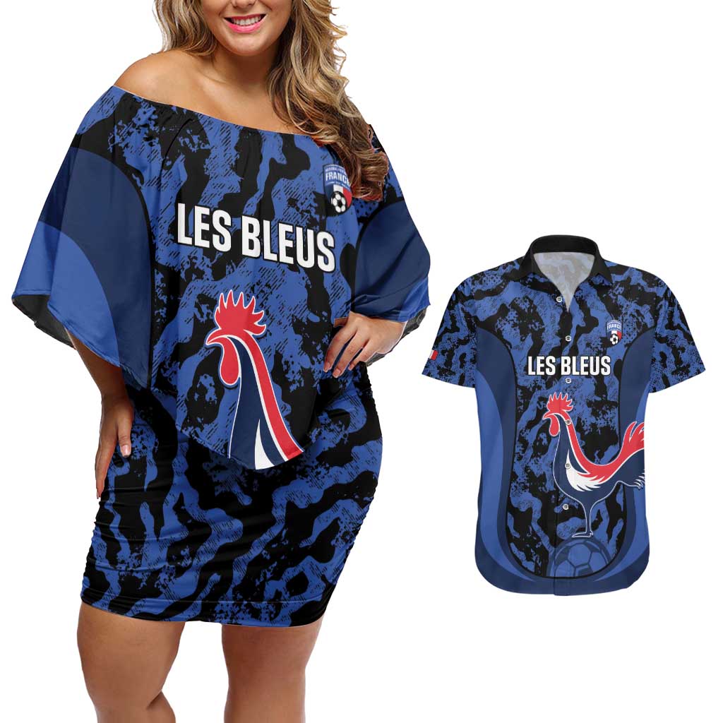 Custom France Football Couples Matching Off Shoulder Short Dress and Hawaiian Shirt 2026 Allez Les Bleus Rooster Grunge - Wonder Print Shop