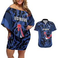 Custom France Football Couples Matching Off Shoulder Short Dress and Hawaiian Shirt 2026 Allez Les Bleus Rooster Grunge - Wonder Print Shop