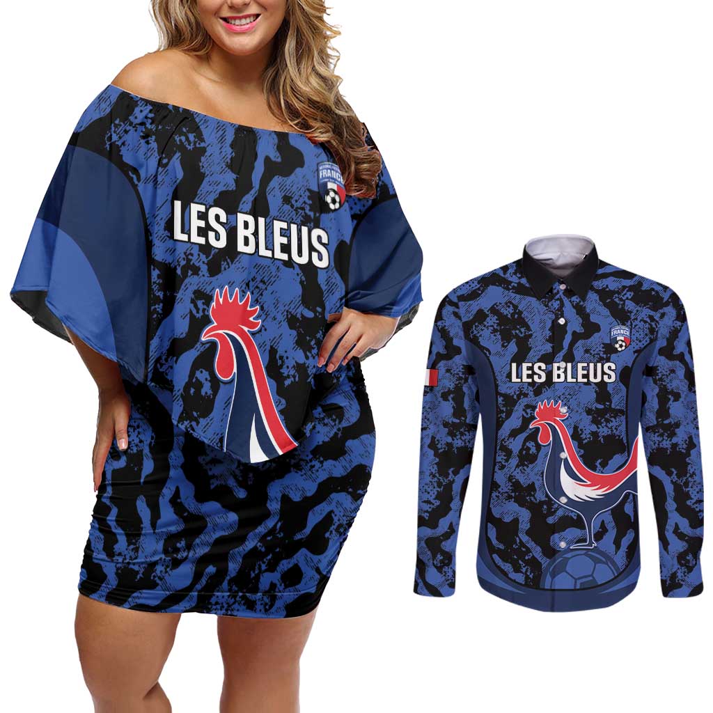 Custom France Football Couples Matching Off Shoulder Short Dress and Long Sleeve Button Shirt 2026 Allez Les Bleus Rooster Grunge - Wonder Print Shop