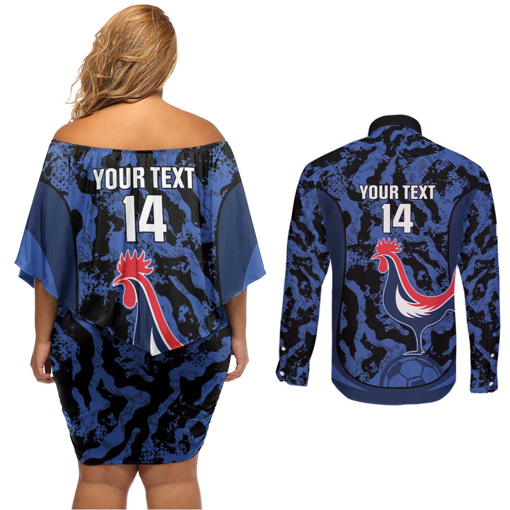 Custom France Football Couples Matching Off Shoulder Short Dress and Long Sleeve Button Shirt 2026 Allez Les Bleus Rooster Grunge - Wonder Print Shop