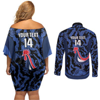 Custom France Football Couples Matching Off Shoulder Short Dress and Long Sleeve Button Shirt 2026 Allez Les Bleus Rooster Grunge - Wonder Print Shop
