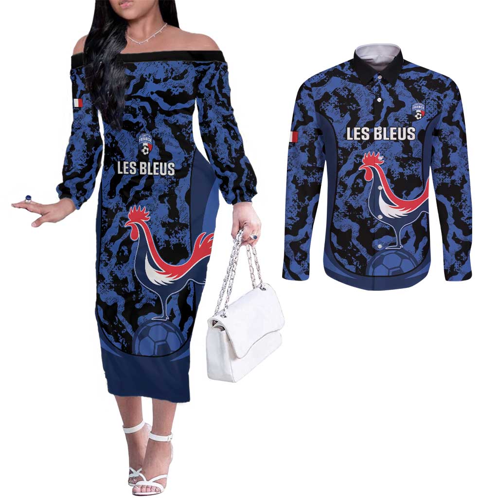 Custom France Football Couples Matching Off The Shoulder Long Sleeve Dress and Long Sleeve Button Shirt 2026 Allez Les Bleus Rooster Grunge - Wonder Print Shop