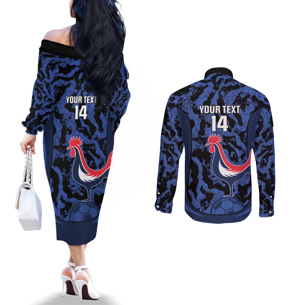 Custom France Football Couples Matching Off The Shoulder Long Sleeve Dress and Long Sleeve Button Shirt 2026 Allez Les Bleus Rooster Grunge - Wonder Print Shop