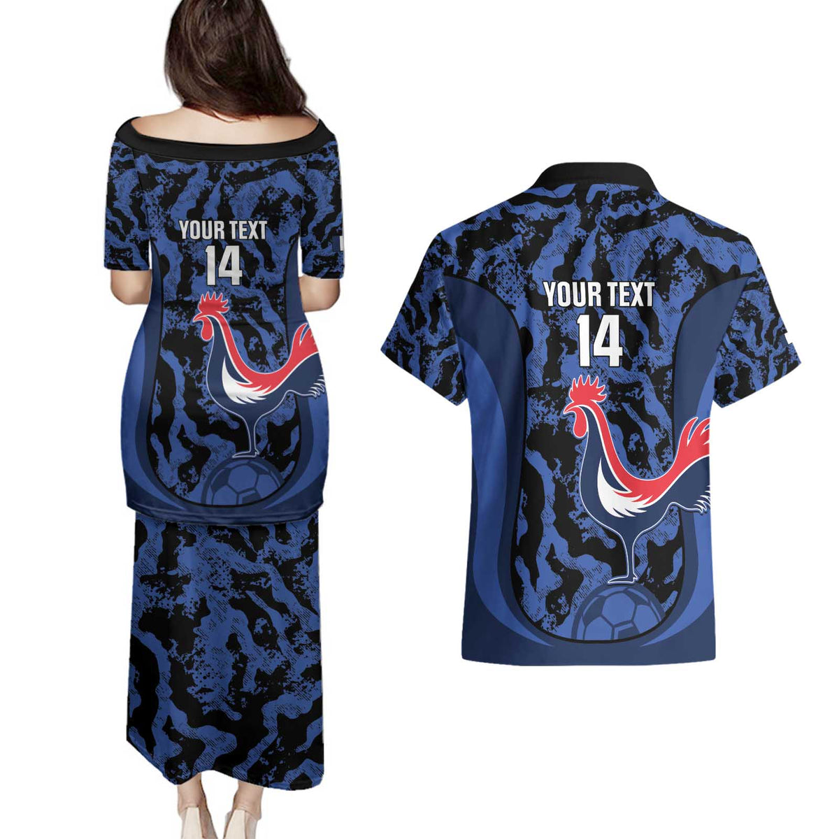 Custom France Football Couples Matching Puletasi and Hawaiian Shirt 2026 Allez Les Bleus Rooster Grunge - Wonder Print Shop