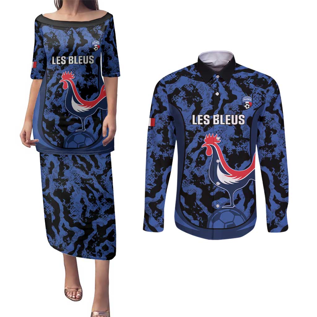 Custom France Football Couples Matching Puletasi and Long Sleeve Button Shirt 2026 Allez Les Bleus Rooster Grunge - Wonder Print Shop