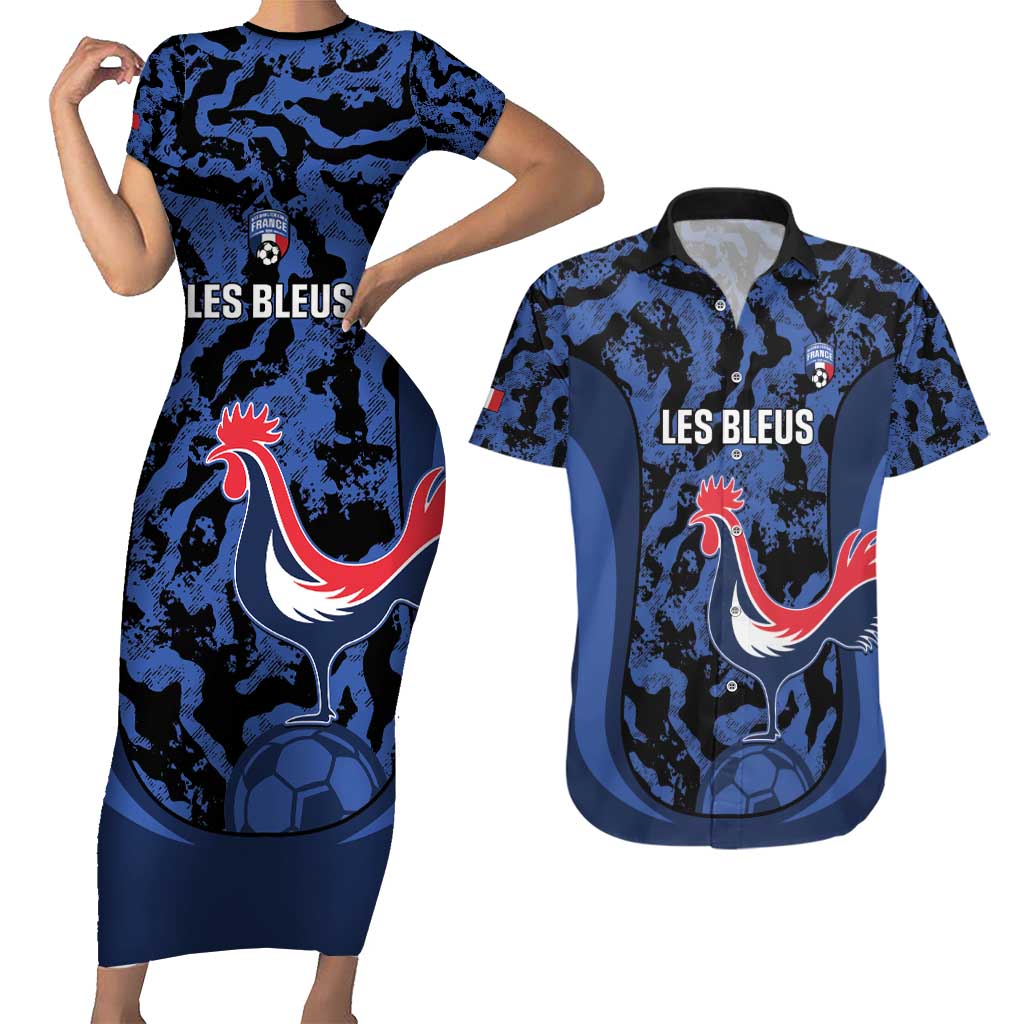 Custom France Football Couples Matching Short Sleeve Bodycon Dress and Hawaiian Shirt 2026 Allez Les Bleus Rooster Grunge - Wonder Print Shop