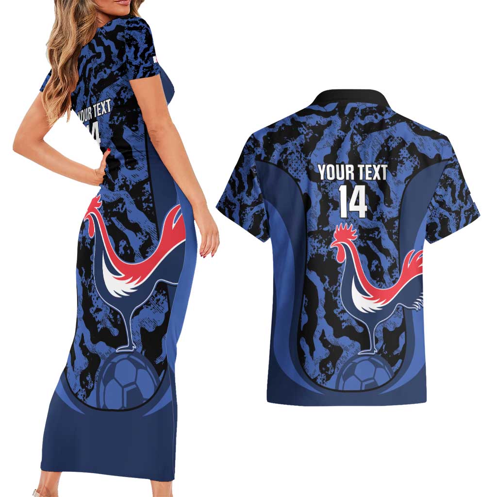 Custom France Football Couples Matching Short Sleeve Bodycon Dress and Hawaiian Shirt 2026 Allez Les Bleus Rooster Grunge - Wonder Print Shop