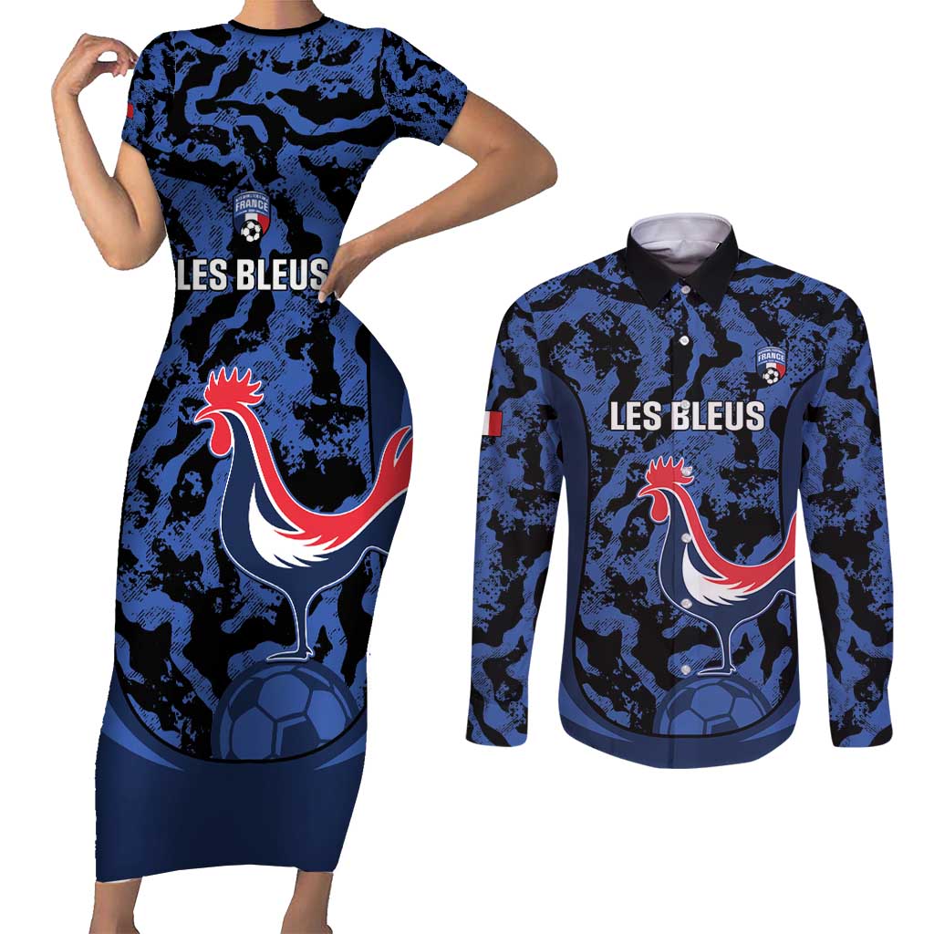 Custom France Football Couples Matching Short Sleeve Bodycon Dress and Long Sleeve Button Shirt 2026 Allez Les Bleus Rooster Grunge - Wonder Print Shop