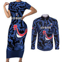 Custom France Football Couples Matching Short Sleeve Bodycon Dress and Long Sleeve Button Shirt 2026 Allez Les Bleus Rooster Grunge - Wonder Print Shop