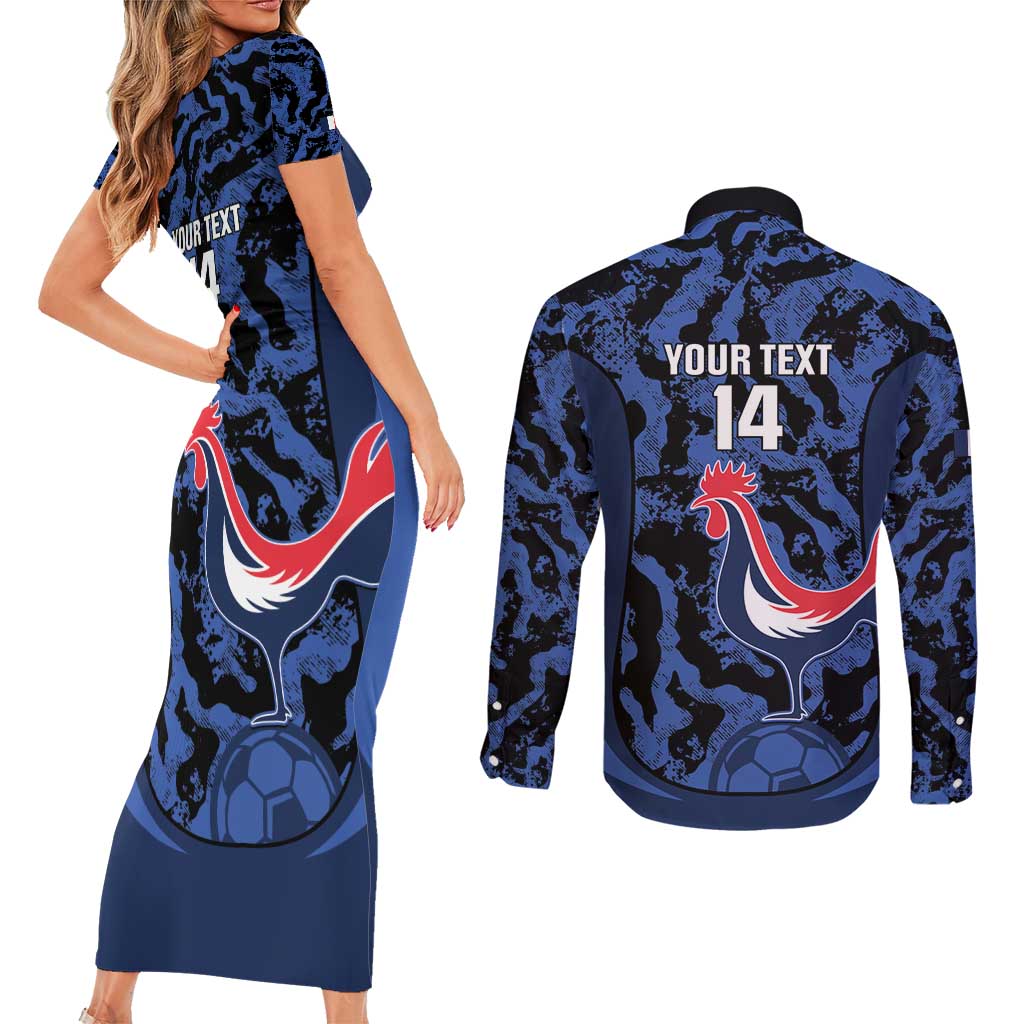 Custom France Football Couples Matching Short Sleeve Bodycon Dress and Long Sleeve Button Shirt 2026 Allez Les Bleus Rooster Grunge - Wonder Print Shop