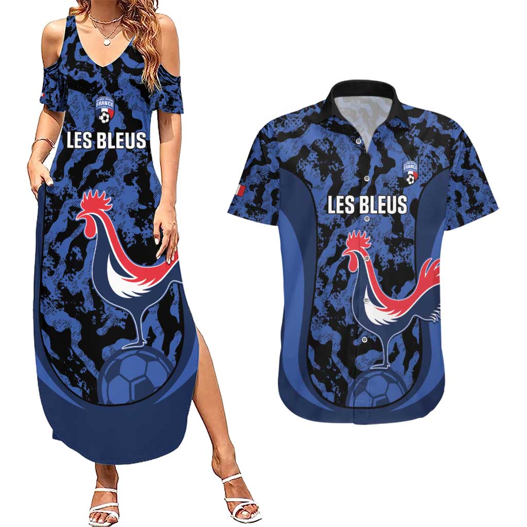 Custom France Football Couples Matching Summer Maxi Dress and Hawaiian Shirt 2026 Allez Les Bleus Rooster Grunge - Wonder Print Shop