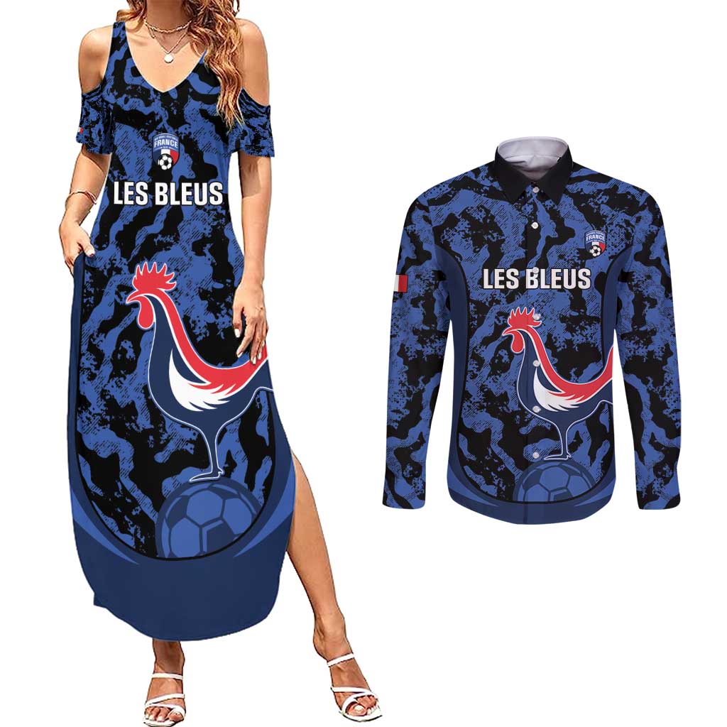 Custom France Football Couples Matching Summer Maxi Dress and Long Sleeve Button Shirt 2026 Allez Les Bleus Rooster Grunge - Wonder Print Shop