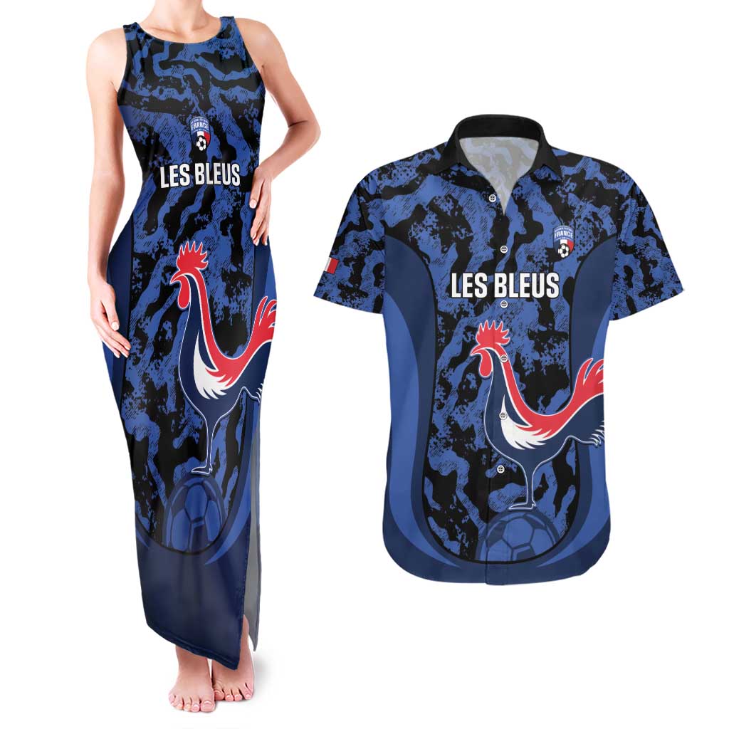 Custom France Football Couples Matching Tank Maxi Dress and Hawaiian Shirt 2026 Allez Les Bleus Rooster Grunge - Wonder Print Shop