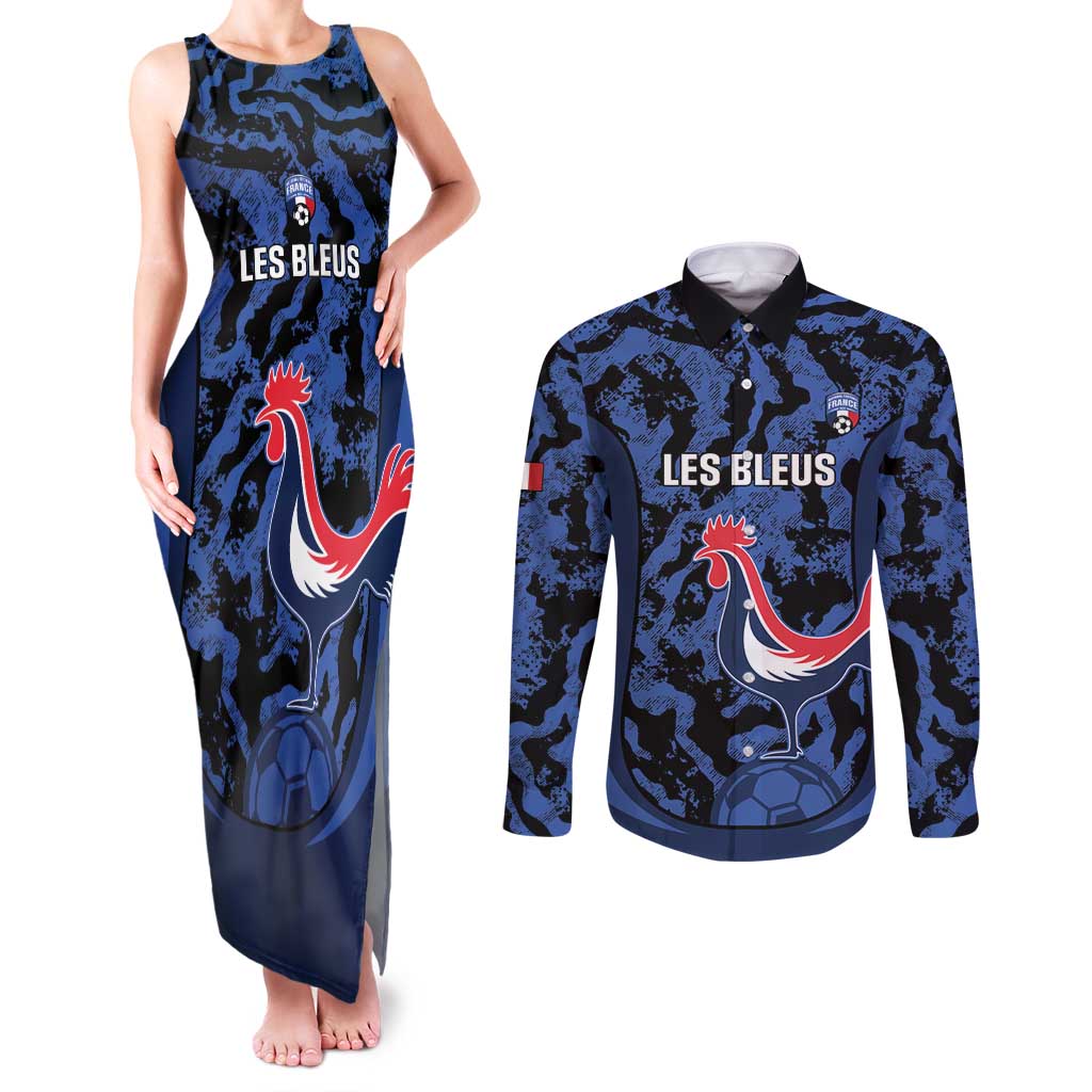 Custom France Football Couples Matching Tank Maxi Dress and Long Sleeve Button Shirt 2026 Allez Les Bleus Rooster Grunge - Wonder Print Shop