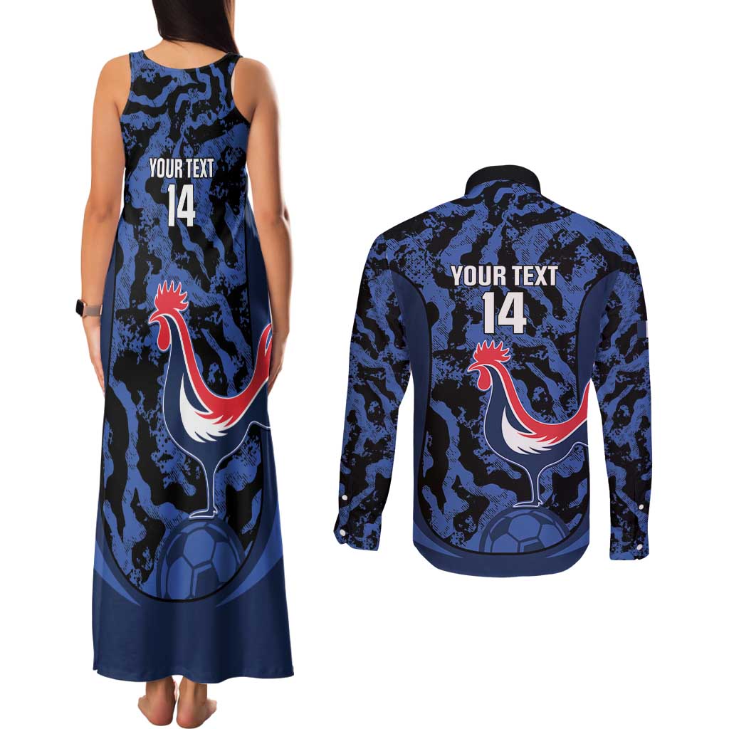 Custom France Football Couples Matching Tank Maxi Dress and Long Sleeve Button Shirt 2026 Allez Les Bleus Rooster Grunge - Wonder Print Shop