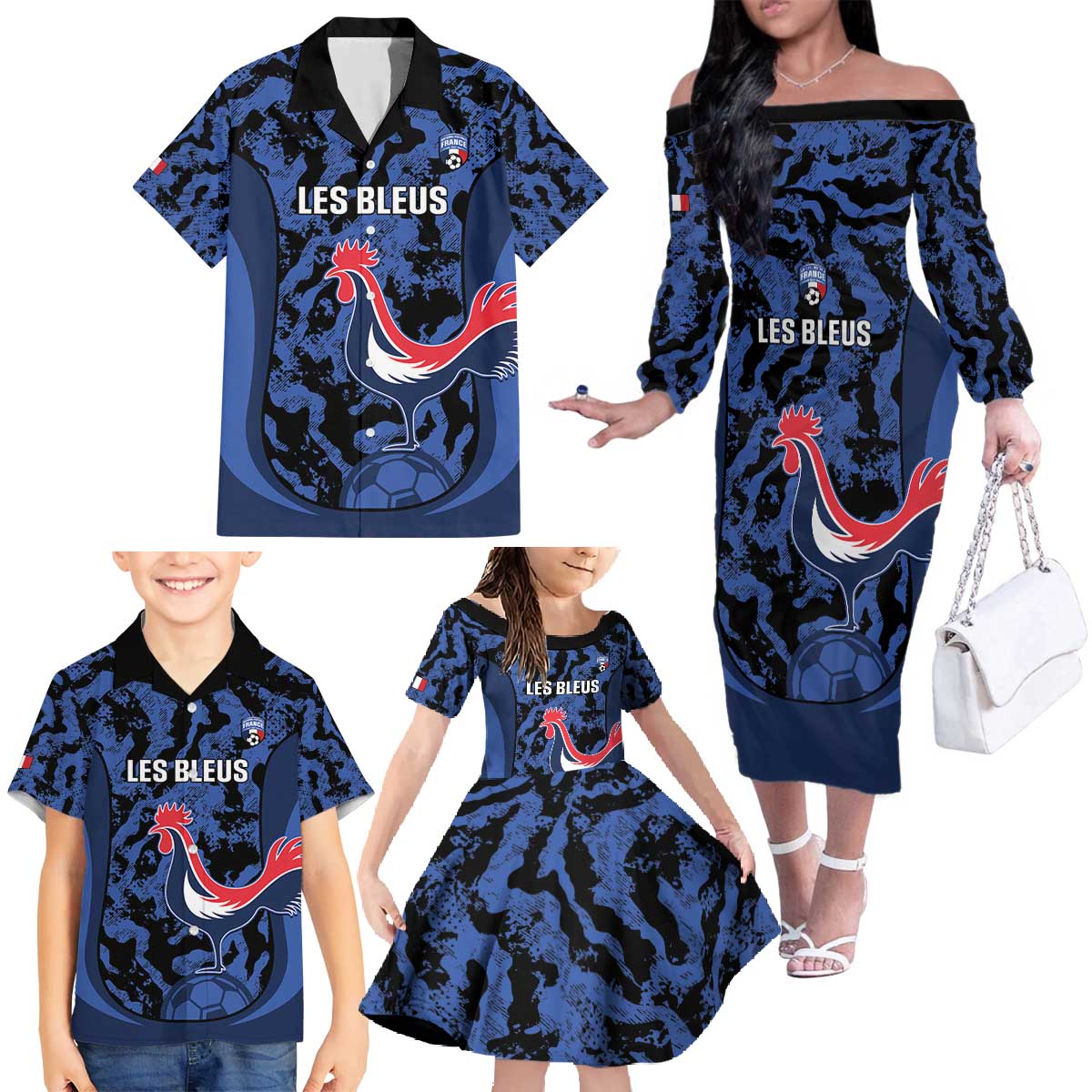 Custom France Football Family Matching Off The Shoulder Long Sleeve Dress and Hawaiian Shirt 2026 Allez Les Bleus Rooster Grunge - Wonder Print Shop