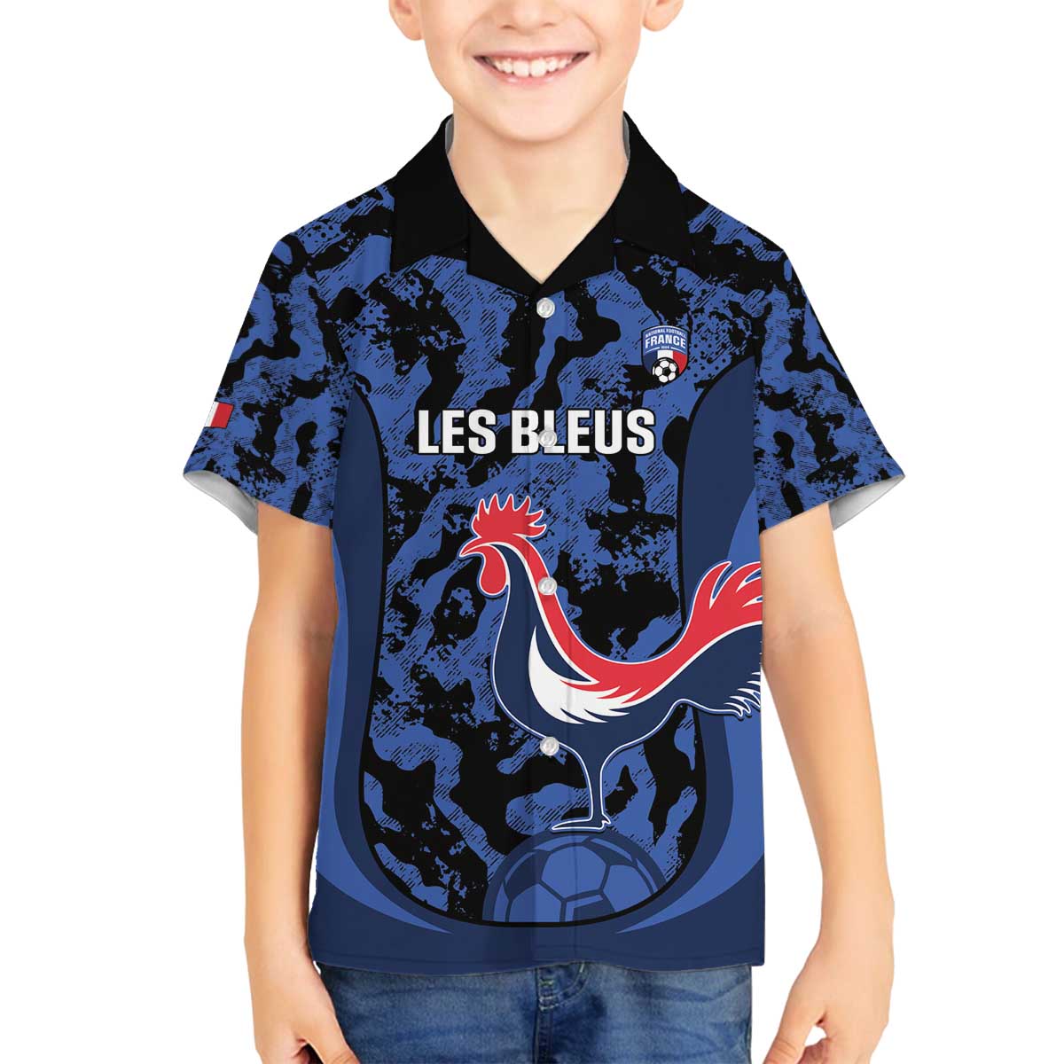 Custom France Football Family Matching Off The Shoulder Long Sleeve Dress and Hawaiian Shirt 2026 Allez Les Bleus Rooster Grunge - Wonder Print Shop