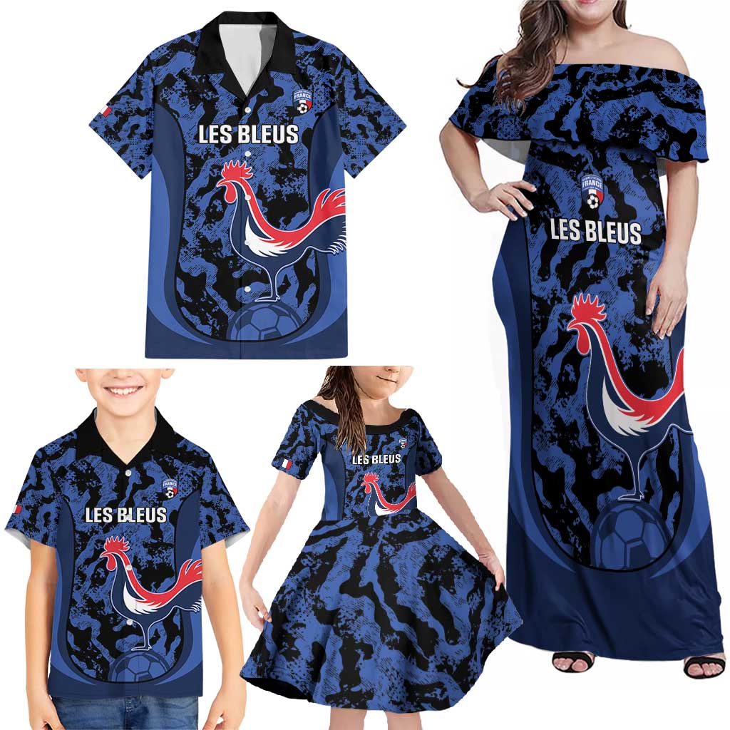 Custom France Football Family Matching Off Shoulder Maxi Dress and Hawaiian Shirt 2026 Allez Les Bleus Rooster Grunge - Wonder Print Shop