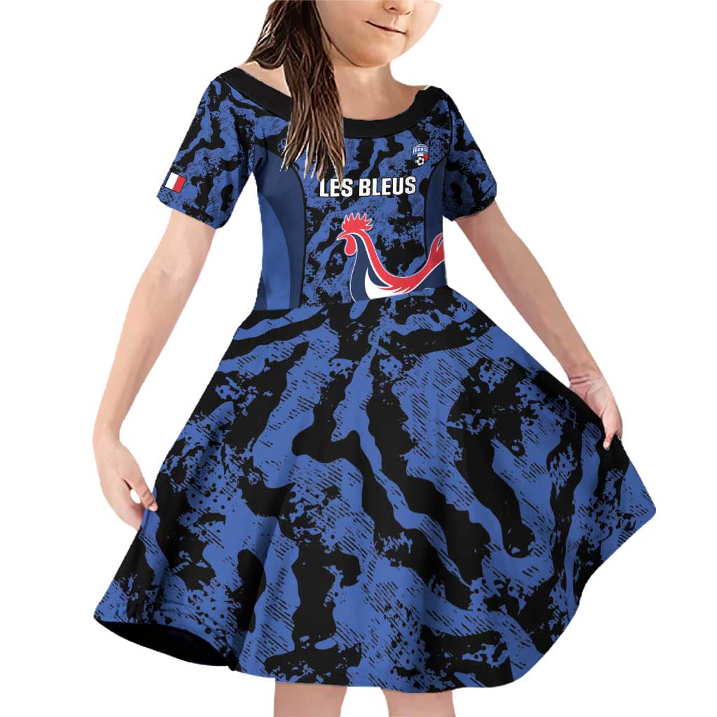 Custom France Football Family Matching Off Shoulder Short Dress and Hawaiian Shirt 2026 Allez Les Bleus Rooster Grunge - Wonder Print Shop