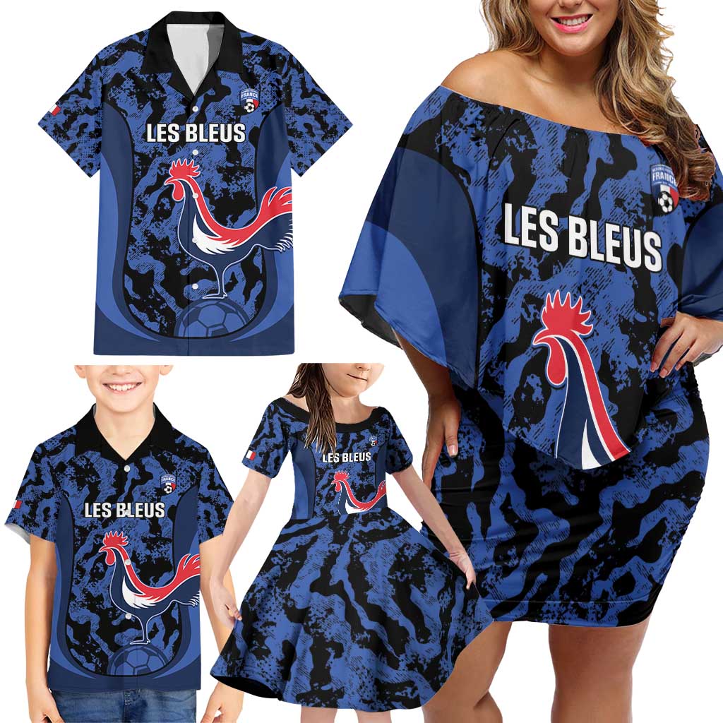 Custom France Football Family Matching Off Shoulder Short Dress and Hawaiian Shirt 2026 Allez Les Bleus Rooster Grunge - Wonder Print Shop