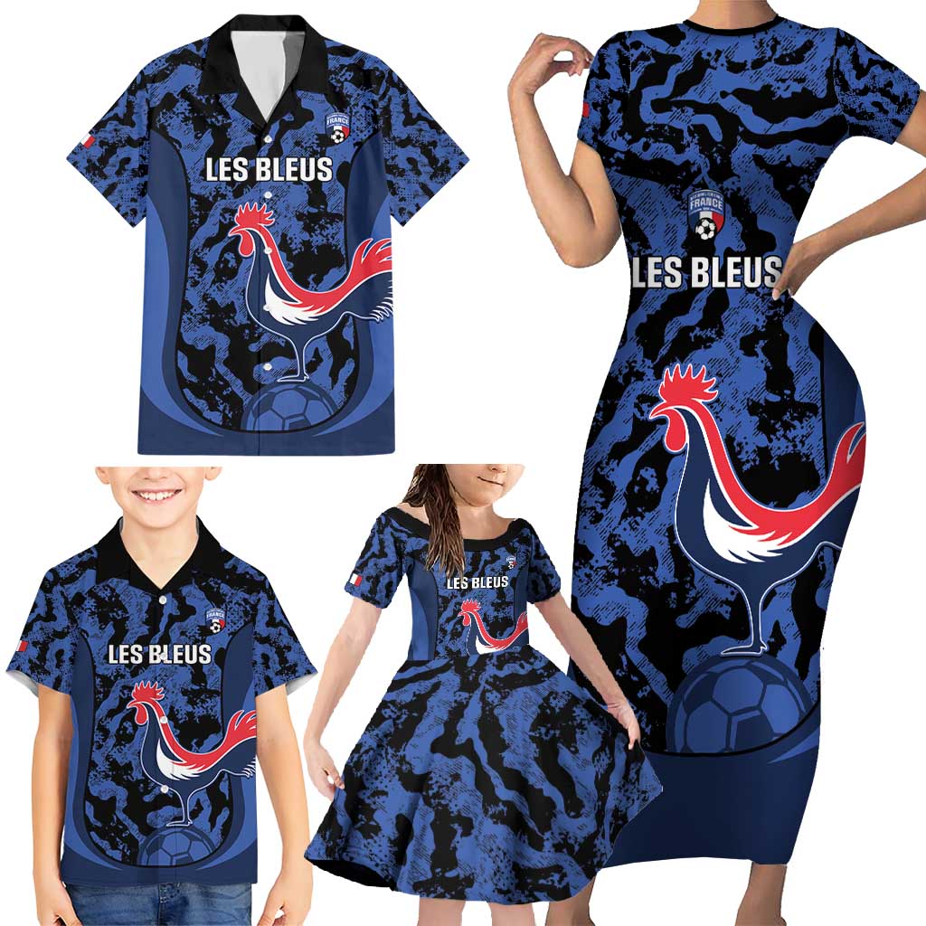 Custom France Football Family Matching Short Sleeve Bodycon Dress and Hawaiian Shirt 2026 Allez Les Bleus Rooster Grunge - Wonder Print Shop
