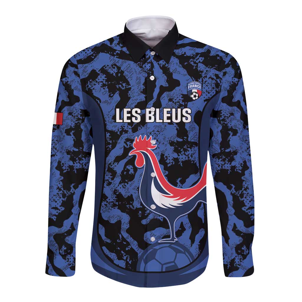Custom France Football Long Sleeve Button Shirt 2026 Allez Les Bleus Rooster Grunge - Wonder Print Shop