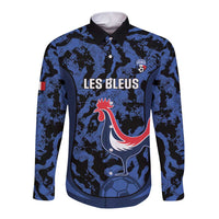 Custom France Football Long Sleeve Button Shirt 2026 Allez Les Bleus Rooster Grunge - Wonder Print Shop