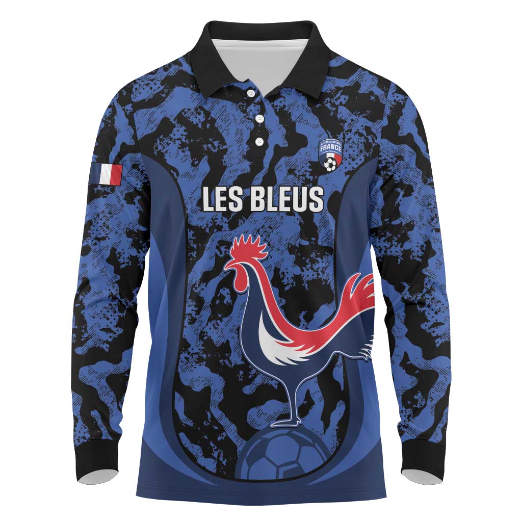 Custom France Football Long Sleeve Polo Shirt 2026 Allez Les Bleus Rooster Grunge - Wonder Print Shop